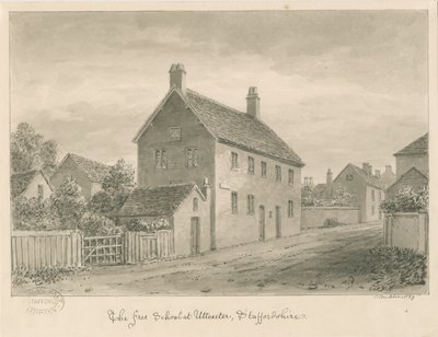 Uttoxeter Stad - Vrije School: sepia wassing tekening door John Buckler
