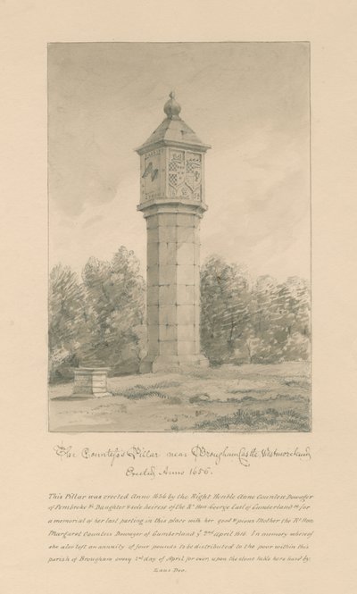 Westmorland - Brougham Castle - Countess Pillar: sepia tekening, 1800 door John Buckler