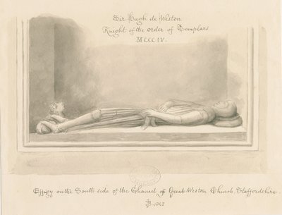 Weston-under-Lizard Church - Beeld van Sir Hugh de Weston: sepia tekening, 1842 door John Buckler