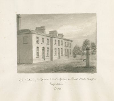 Wolverhampton - Woonplaats van de rooms-katholieke bisschop en priesters: sepia tekening door John Buckler