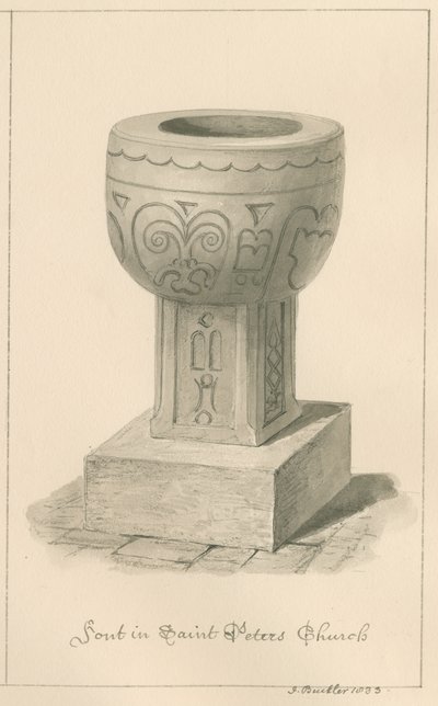 Worcestershire - Droitwich - Sint-Pieterskerk Doopvont: sepia tekening, 1833 door John Buckler