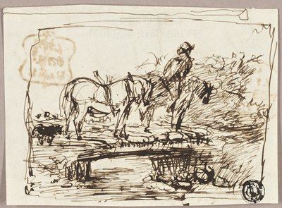 Schets van paarden die een brug oversteken door John Burnet