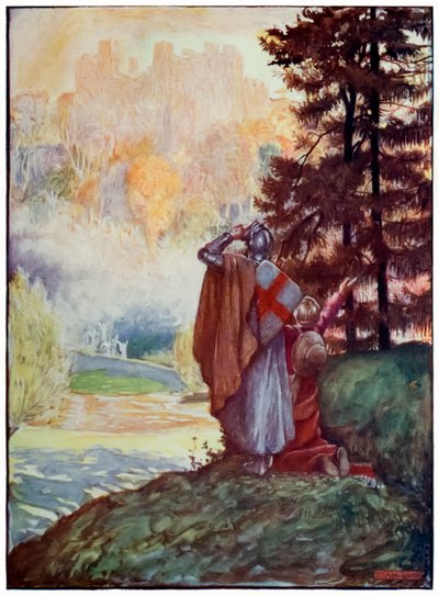 Christian en Hopeful zien de Hemelse Stad vanuit De Pelgrimsreis van Deze Wereld naar Die Welke Komt door John Bunyan, illustratie door Byam Shaw door John Byam Liston Shaw