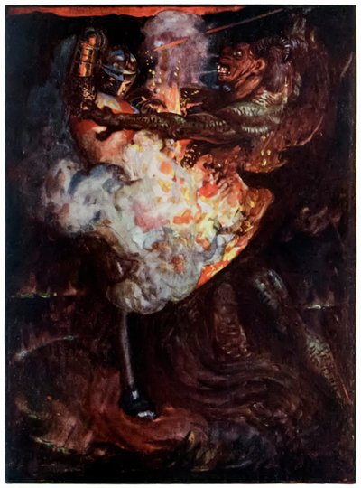 Christen vecht met Apollyon uit The Pilgrims Progress From This World, To That Which Is To Come door John Bunyan (1628-1688) Illustratie door Byam Shaw (1872-1919) door John Byam Liston Shaw