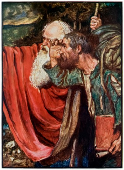 Evangelist wijst de weg naar de Wicket Gate uit The Pilgrims Progress From This World, To That Which Is To Come door John Bunyan (1628-1688) Illustratie door Byam Shaw (1872-1919) door John Byam Liston Shaw