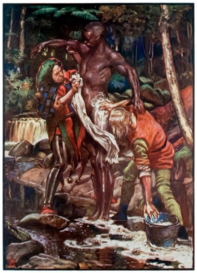 Dwaas en Onverstand wassen de Ethiopiër vanuit De Pelgrimsreis van Deze Wereld naar Die Welke Komt door John Bunyan, illustratie door Byam Shaw door John Byam Liston Shaw