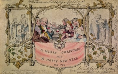 Kerstkaart, voorbeeld van de eerste bekende kerstkaart, 1843 door John Callcott Horsley
