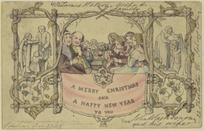 Facsimile reproductie van de eerste kerstkaart door John Callcott Horsley