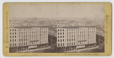 Stereograaf van het uitzicht vanaf de koepel van City Hall naar het noorden, voor de brand van Chicago in 1871 door John Carbutt