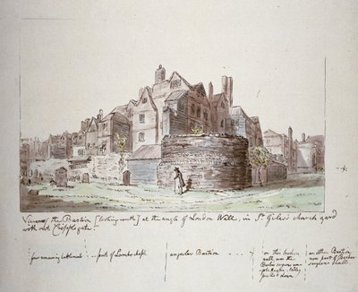 Bastion op de hoek van London Wall, St Giles zonder Cripplegate kerkhof, City of London, 1779 door John Carter