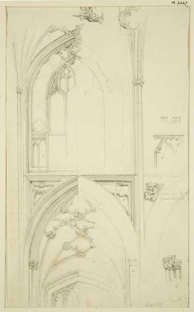 Details van het bovenraamtracering en gewelven van de zijbeuk hieronder, in St Mary Redcliffe door John Carter