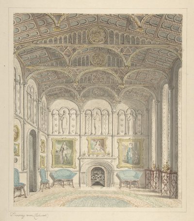 Salon van Lea Castle, Kijkend naar het Westen, ca. 1816 door John Carter.