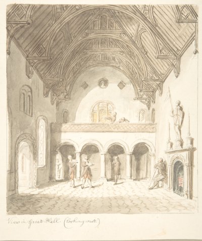 Lea Castle, Worcestershire, Uitzicht in de Grote Zaal, Kijkend naar het Westen, ca. 1816 door John Carter.