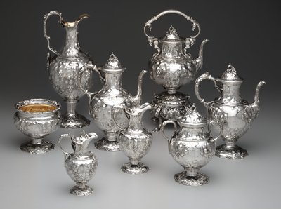 Waterketel op standaard, koffiepot, chocoladekan, afvalkom, suikerkom, melkkan, roomkan en kruiken, c.1851 door John Chandler Moore
