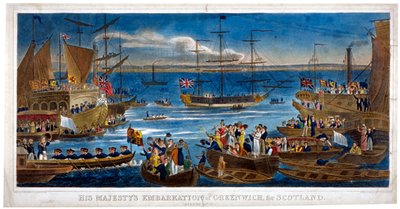 De inscheping van Zijne Majesteit in Greenwich, naar Schotland door John Chapman