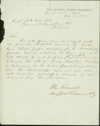 Brief ondertekend J.C. Fremont, Major General Commanding, Hoofdkwartier, Western Department, kamp bij Tipton, aan Kapitein A.H. Foote, U.S.N. Commandant van de Marinekrachten H.D., St. Louis, 11 oktober 1861 door John Charles Frémont