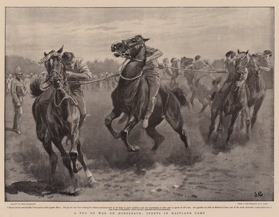 Een touwtrekwedstrijd te paard, sporten in Maitland Camp door John Charlton