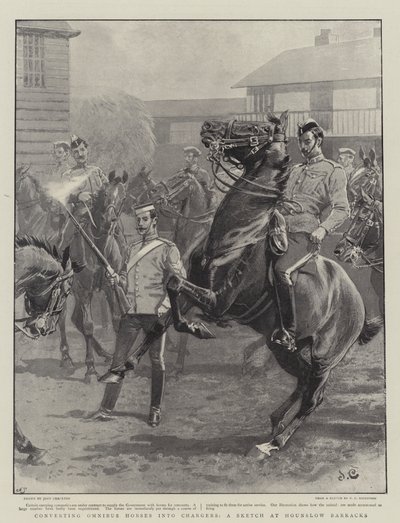 Omnibuspaarden omzetten in rijdieren, een schets bij Hounslow Barracks door John Charlton