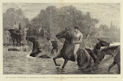 De Cavalerie Manoeuvres in Berkshire, Officieren van de Horse Guards en Life Guards zwemmen hun Paarden over de Theems door John Charlton
