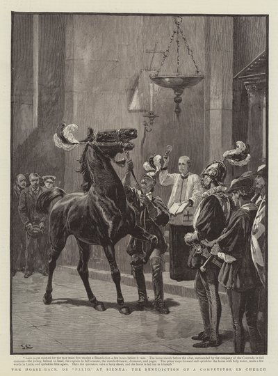 De Paardenrace, of Palio, in Siena, de Zegen van een Deelnemer in de Kerk door John Charlton