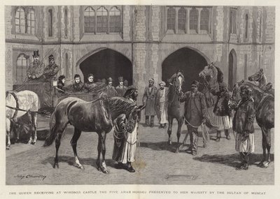 De Koningin ontvangt op Windsor Castle de vijf Arabische paarden die door de Sultan van Muscat aan Hare Majesteit zijn geschonken door John Charlton