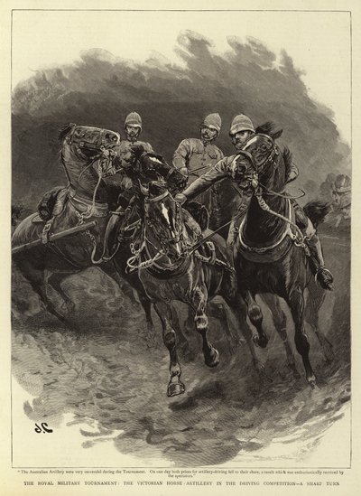 Het koninklijke militaire toernooi, de Victoriaanse paard-artillerie in de rijwedstrijd, een scherpe bocht door John Charlton