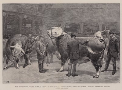 De Vee Show van de Smithfield Club in de Royal Agricultural Hall, Islington, keuring van Hereford Stieren door John Charlton