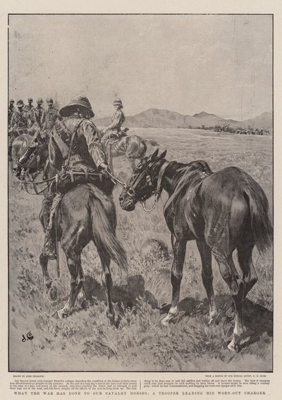 Wat de oorlog heeft gedaan met onze cavaleriepaarden, een soldaat die zijn uitgeputte paard leidt door John Charlton