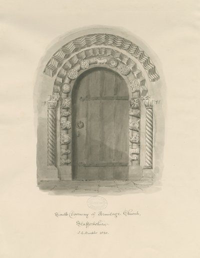 Armitage Kerk - Zuidelijke Deur: sepia tekening door John Chessell Buckler
