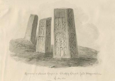 Checkley Kerk - Oude Kruisen: sepia tekening door John Chessell Buckler