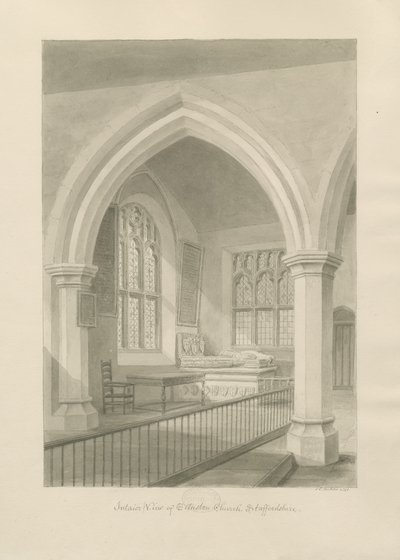 Interieur van Ellastone Kerk: sepia tekening door John Chessell Buckler