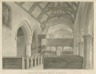 Interieur van Sandon Kerk door John Chessell Buckler