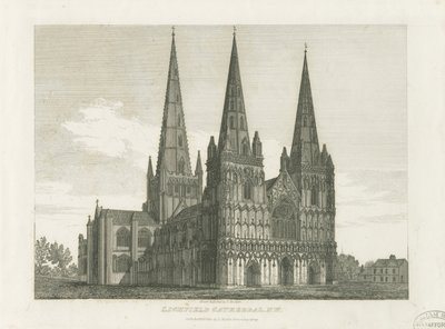 Lichfield Cathedral - Westgevel: gravure, nd [c 1820] door John Chessell Buckler
