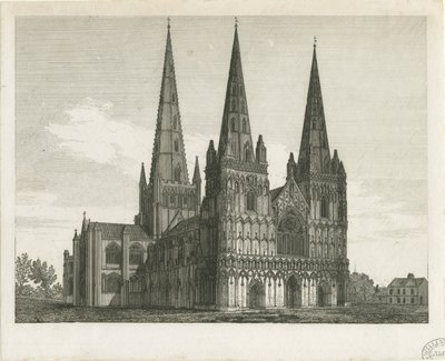 Lichfield Kathedraal - West Front (gravure) door John Chessell Buckler