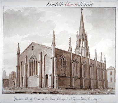 Noordoostelijk uitzicht op de kerk van St Mary the Less, Lambeth Butts, Londen door John Chessell Buckler