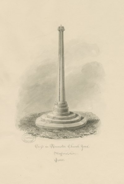 Rocester Churchyard - Kruis: sepia tekening door John Chessell Buckler