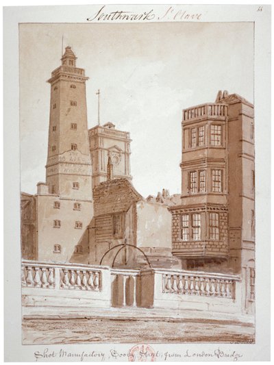 Shot Manufactory, Tooley Street, vanaf London Bridge, Bermondsey, Londen door John Chessell Buckler