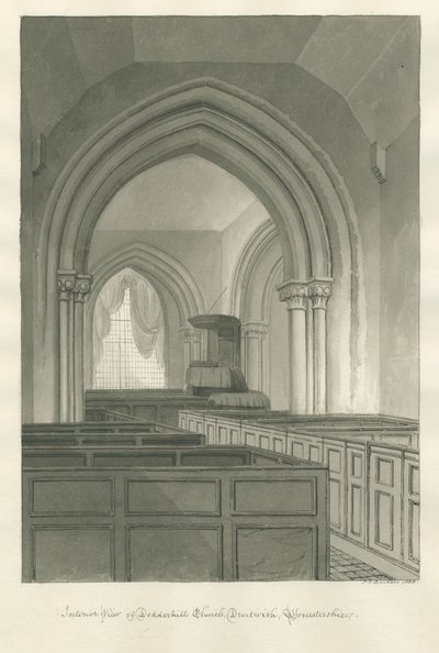 Worcestershire - Droitwich - Dodderhill Kerk Interieur: sepia tekening door John Chessell Buckler