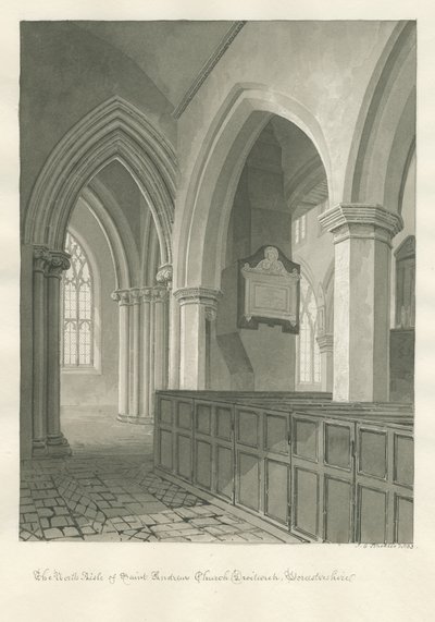 Worcestershire - Droitwich - Interieur van de Sint-Andreaskerk: sepia tekening door John Chessell Buckler