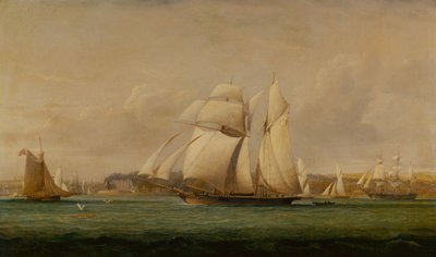 Een Topzeilschoener, Twee Royal Yacht Squadron Cutters en een Amerikaans Koopvaardijschip door John Christian Schetky