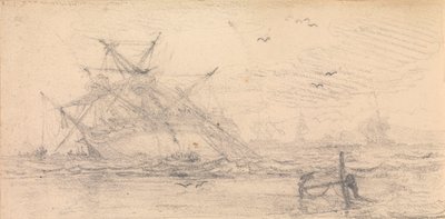 Een tweedeks schip gestrand op een strand door John Christian Schetky