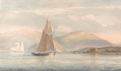 Boot zeilt naar rechts met bergen op de achtergrond door John Christian Schetky