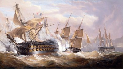 De Guillaume Tell wordt aangevallen door de H.M.S. Penelope en H.M.S. Loin van Malta tijdens de blokkade, 30 maart 1800 door John Christian Schetky