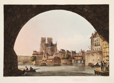 Brug van het Hotel Dieu en de kerk van Notre Dame, illustratie uit Versailles, Parijs en Saint Denis, uitgegeven 1805 door John Claude Nattes