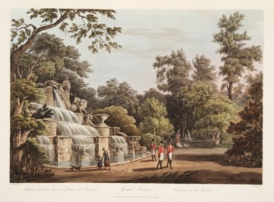 Grand Trianon, fontein in de tuin, illustratie uit Versailles, Parijs en Saint Denis, uitgegeven 1805 door John Claude Nattes