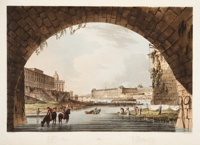 Het Louvre; de Munt; het College van de 4 Naties; de brug van Reünie, illustratie uit Versailles, Parijs en Saint Denis, uitgegeven 1805 door John Claude Nattes
