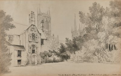 Uitzicht vanuit de tuin van Henry Thorold, Esq., zijn huis & Lincoln Kathedraal door John Claude Nattes