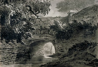 Zicht op een deel van het afvoersysteem van de Serpentine in Hyde Park, Londen, ca. 1817 door John Claude Nattes