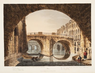 Uitzicht genomen van onder de eerste boog van de brug van het Hotel Dieu, de Kleine Brug, deel van Hotel Dieu, illustratie uit Versailles, Parijs en Saint Denis, uitgegeven 1809 door John Claude Nattes