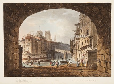 Van onder de boog van de Sint-Michielsbrug, illustratie uit Versailles, Parijs en Saint Denis, uitgegeven 1805 (aquatint) door John Claude after Nattes